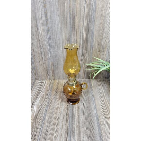 Vintage Miniature Oil Lamp, Amber Glass Grape, Finger Handle Hong Kong - Picture 1 of 5